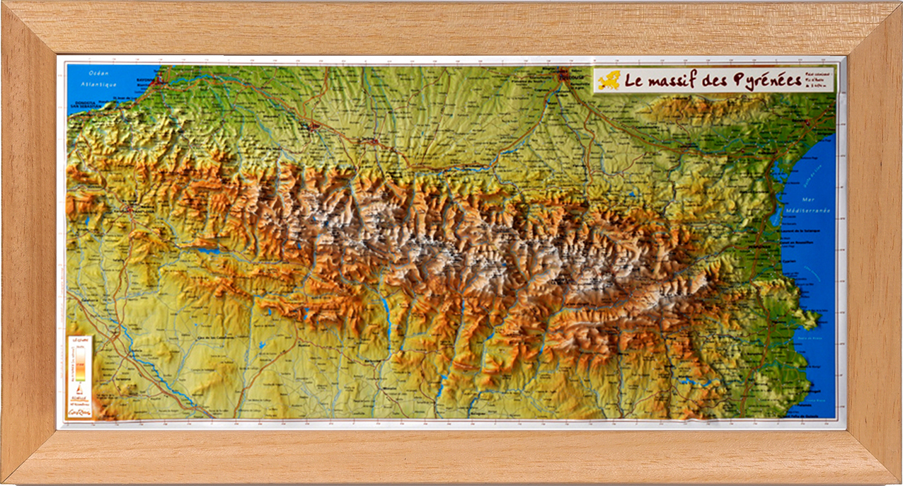 Cadre bois naturel pour la carte Massif des Pyrénées (32X62 cm)