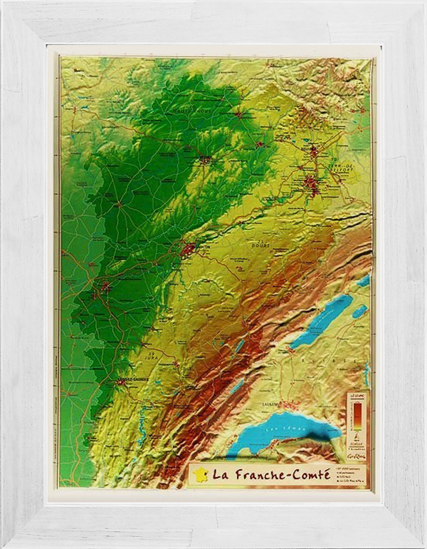 Carte en relief de Franche Comté avec son cadre 