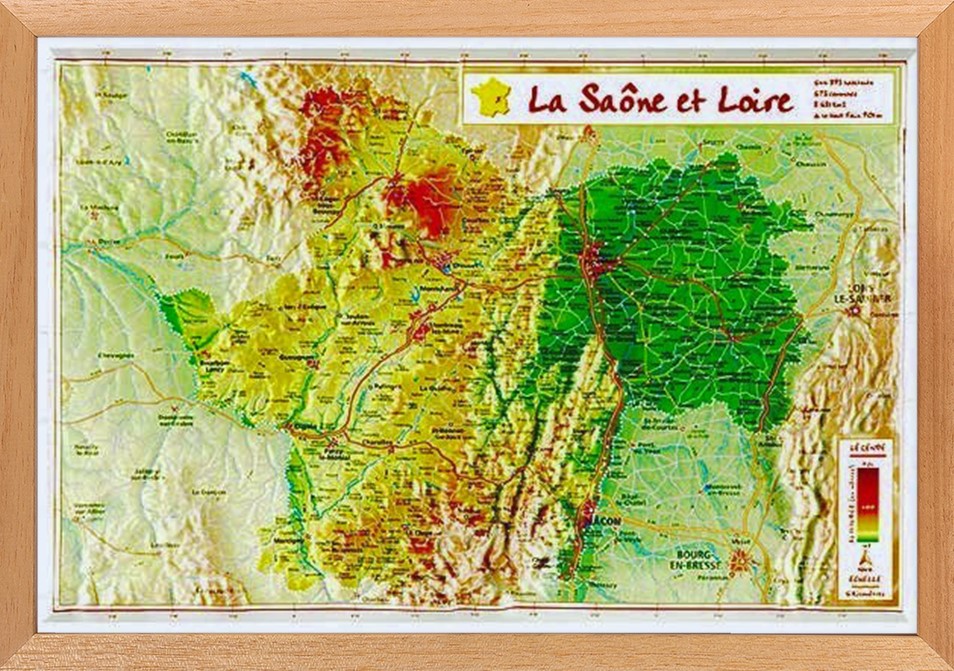 Carte en relief de la Saône et Loire avec son cadre 