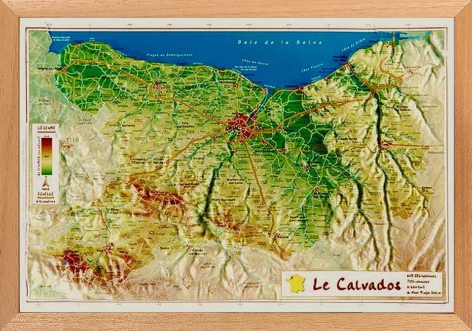 Carte en relief du Calvados avec son cadre 