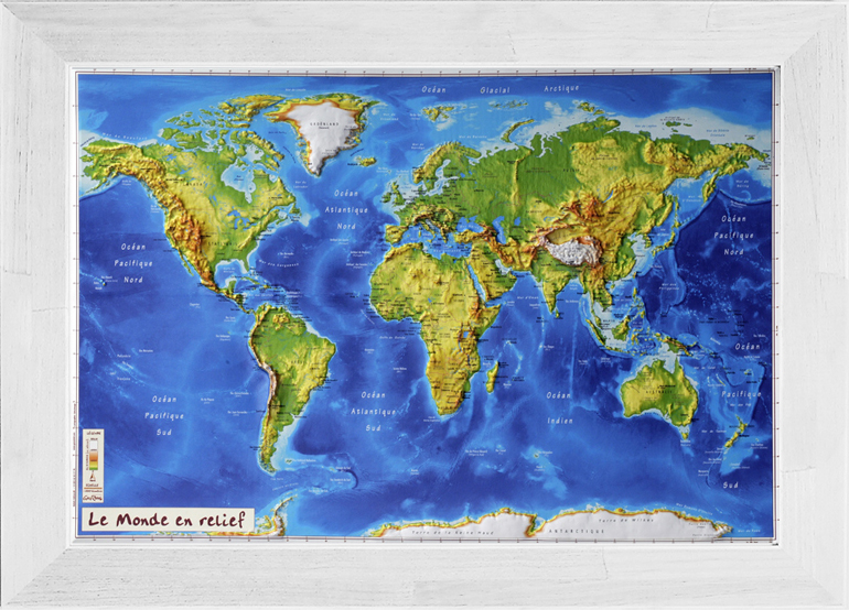 Carte du Monde en relief avec son cadre blanc