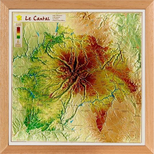 Carte en relief du Cantal avec son cadre 
