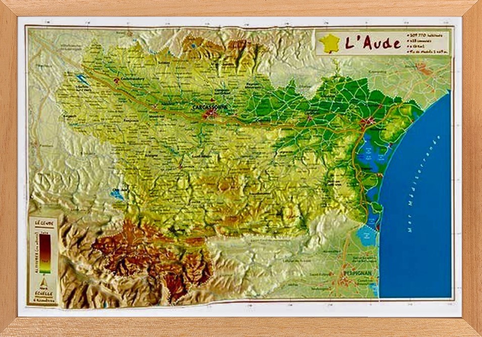 Carte en relief de l'Aude avec son cadre 
