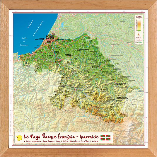 Carte en relief du Pays Basque français avec son cadre 