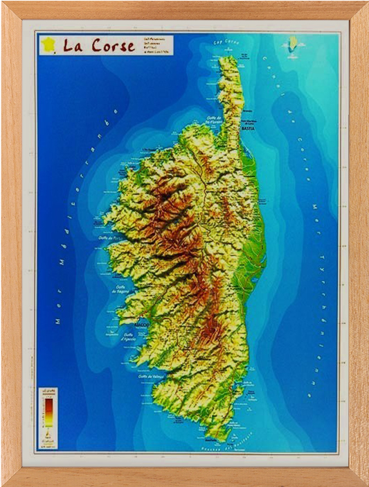 Carte en relief de la Corse avec son cadre (42X31 cm)